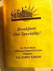 Sunshine Cafe And Take Away menu