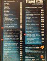 Planet Pizza menu